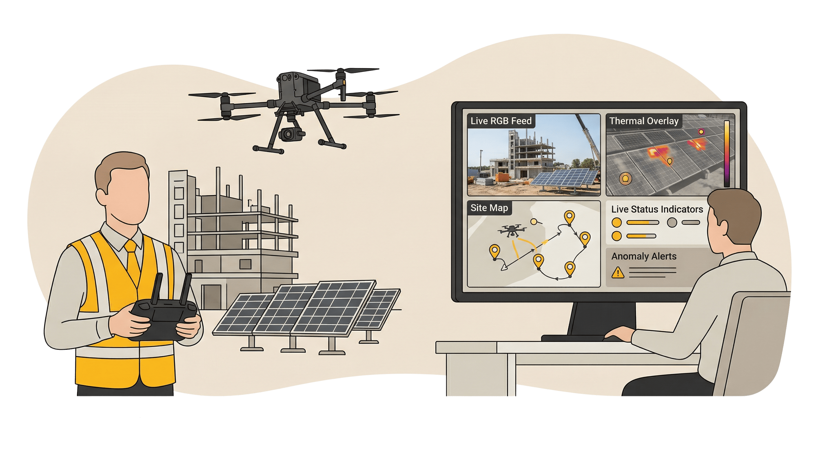 Geteilte Darstellung des Drohnen-Produktions-Workflows. Links steuert ein Pilot eine Drohne mit einer Fernbedienung in einer malerischen Landschaft. Rechts sitzt eine Editorin an einem Schreibtisch und verwendet eine professionelle Videoschnittsoftware für das Color Grading des Drohnenmaterials.