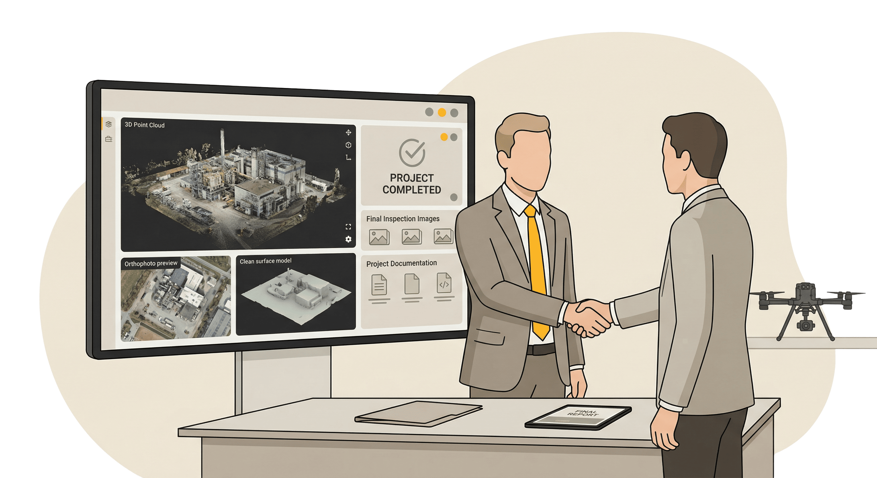 Illustration des finalen Liefer- und Zahlungsprozesses. Links schließen zwei Personen eine Transaktion mit der Benachrichtigung 'PAYMENT SUCCESSFUL' ab. Rechts lädt ein Nutzer die finalen Daten von einem Cloud-Dienst herunter, angezeigt durch einen Fortschrittsbalken mit der Aufschrift '85% MATERIAL WIRD HERUNTERGELADEN'.